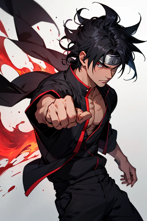 A boy around 17, with black curly hair, with sharingan in the naruto universe