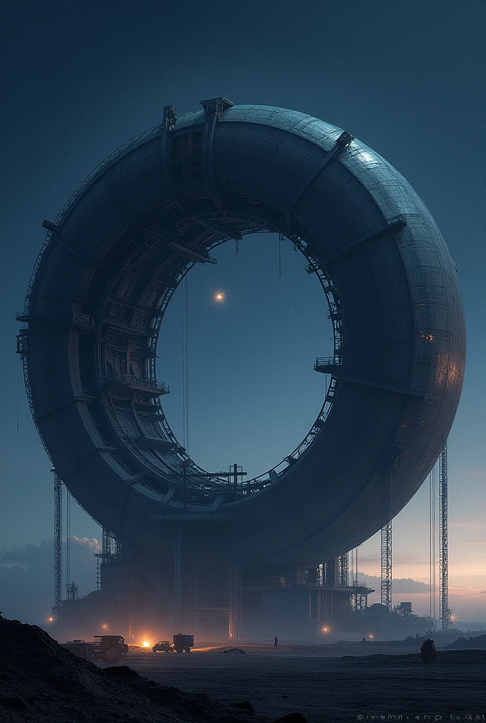 Generates an image of a giant structure under construction that is STARTING completely from scratch, having gaps.in the form of a huge sphere in the night sky. Make it TOO much from scratch, Construction is just beginning. On a scale of 1 to 1000000 the construction of this structure is at 1%