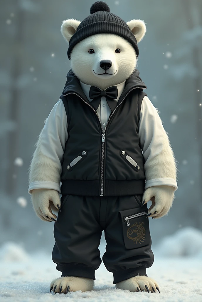 (photorealism:1.2), Polar Bear, wearing black beanie, a waistcoat, sweatpants and a bowtie, goth girl