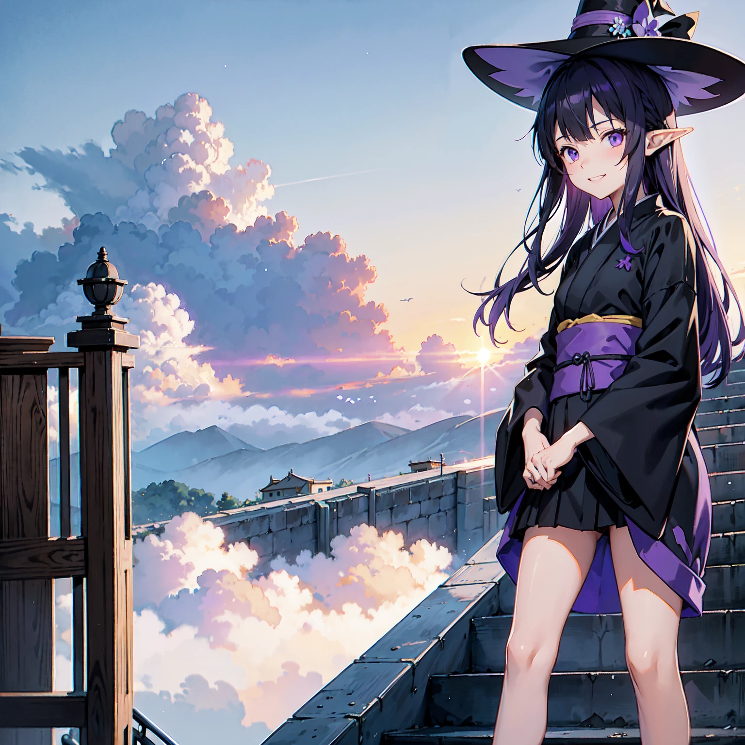 A girl with long violet-purple hair. Pointy elf ears. Her clothes are simple: a black robe with wide sleeves and a black miniskirt. Her knees are showing. The front has a V-shaped white insert like a kimono. A big smile. A witch's hat with purple ribbons on either side. Gentle face. Background, bright painting, Makoto Shinkai, floating long staircase, floating in the air, stairs above clouds, illustration, nostalgic, vivid, above clouds, bright, fresh, stairs, sunset.