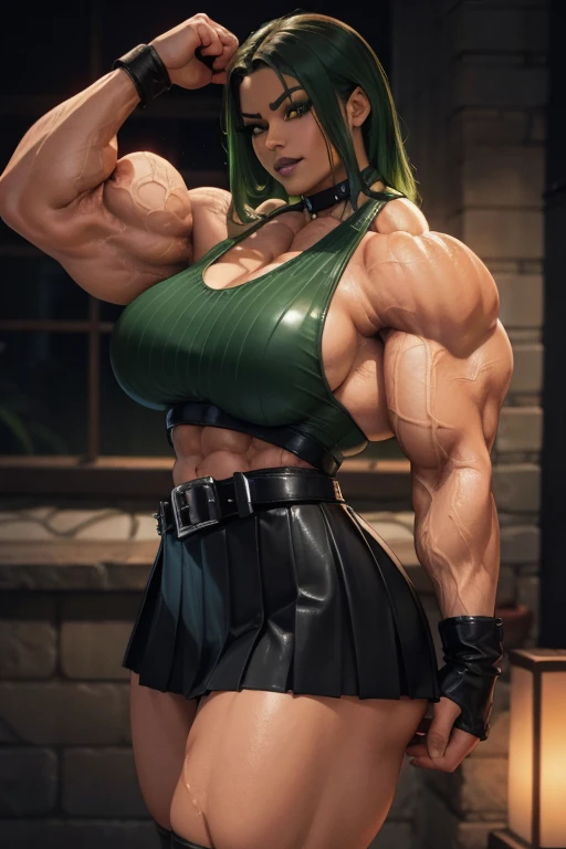 ((Close-up)), tall, (wet green hair) beautiful wet muscular woman, long curvy har, light brown skinned, large breast, closed smile, (black lipstick), (massive muscles), (hyper muscle), ((ginormous bulky muscles)), orange eyes, (((black leather top))), (((black leather pleated skirt with belt))), (fingerless gloves), (flexing biceps), choker, boots, in a dark raining street,