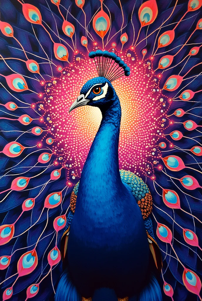 Colourfull mandala art style dotted peacock painting with neon
colour combination