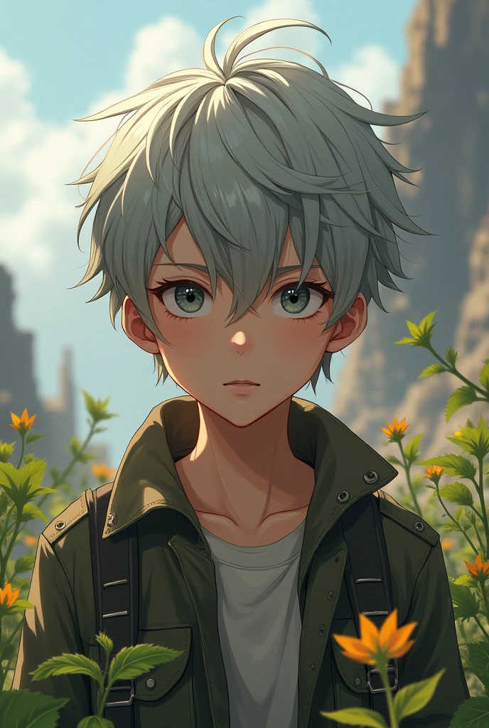 Generate a character named Samuel in a post-apocalyptic setting, he has short medium gray hair, eyes also gray, white skin and short stature, about 20 years old. Samuel has the power of regeneration, he works with botany. Sam has a shy kindness on his face

