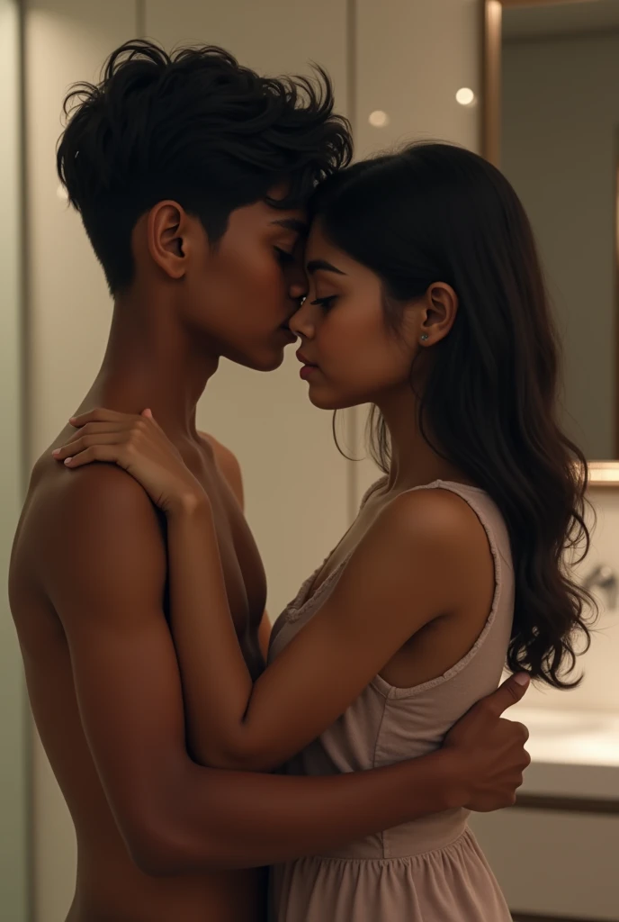 A indian boy whose face is covered. In a modern bathroom. Kissing a white indian 16 year old girl.