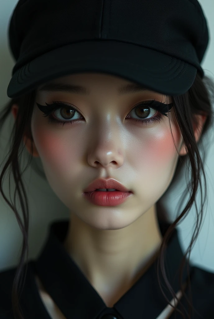 Japanese woman with large eyeliner and a cap covering her face 
