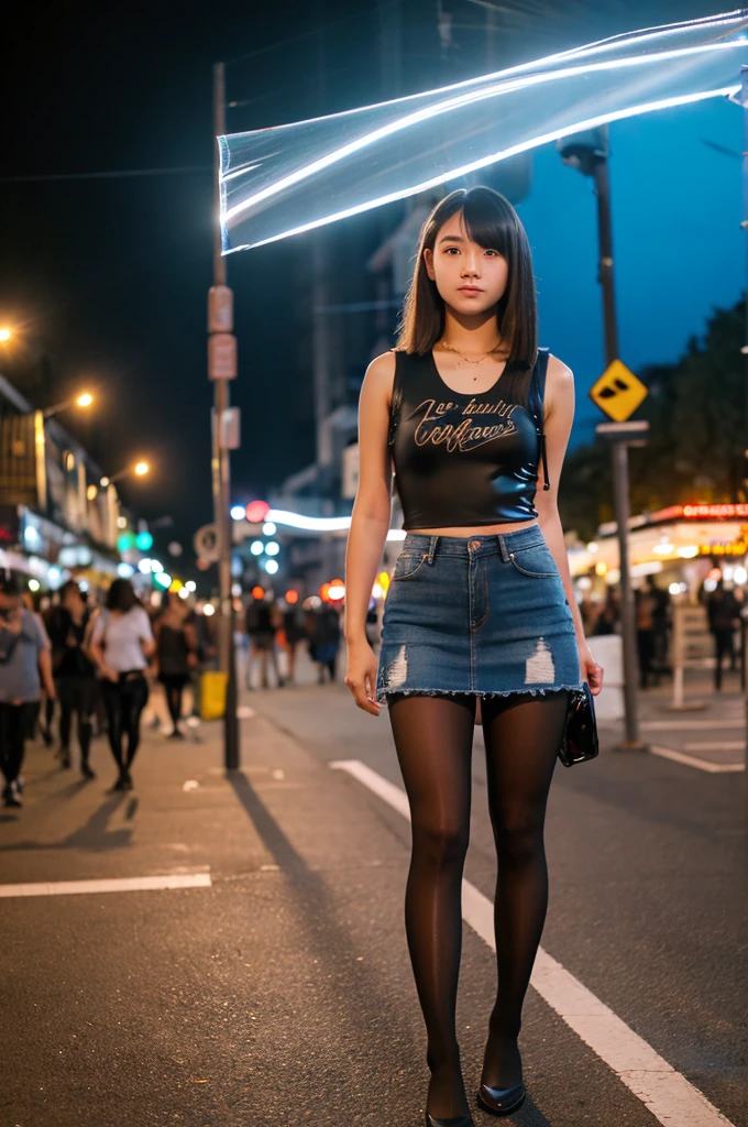 (photorealism:1.2), (wide angle), young asian teen, wearing denim skirt and black tanktop, ((wearing transparent latex pantyhose)), evening, out in the city, partying, standing in the street, soft lighting, realistic, intricate details, warm colors