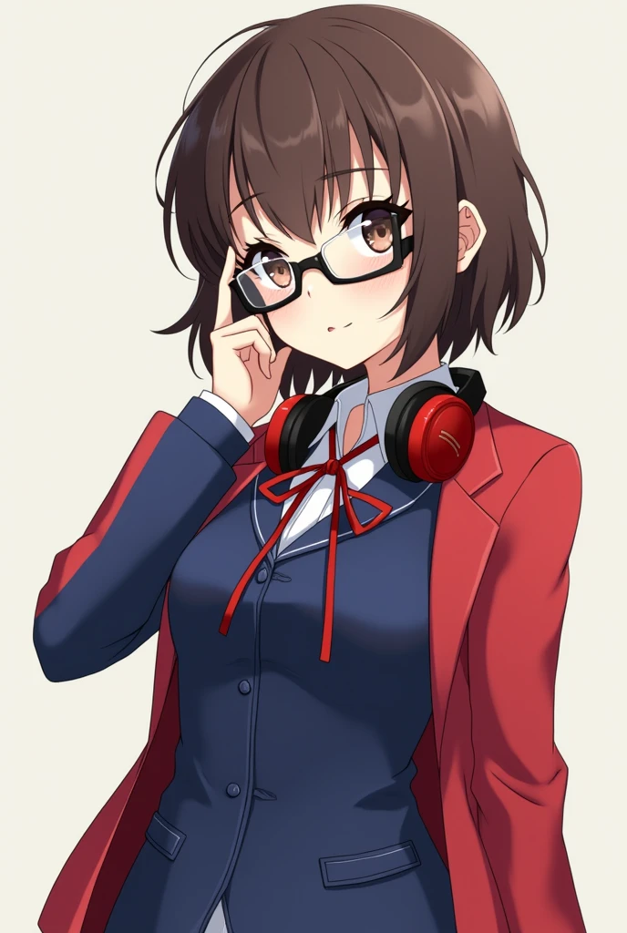 Anime girl with short dark brown hair, with serious brown eyes, black colored glasses, in a blue school uniform and a red jacket with blue sleeves and red headphones