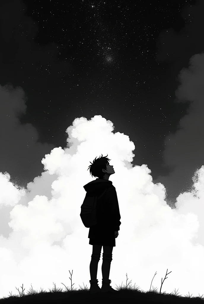 A drawing of a person standing looking at the stars and clouds in black and white