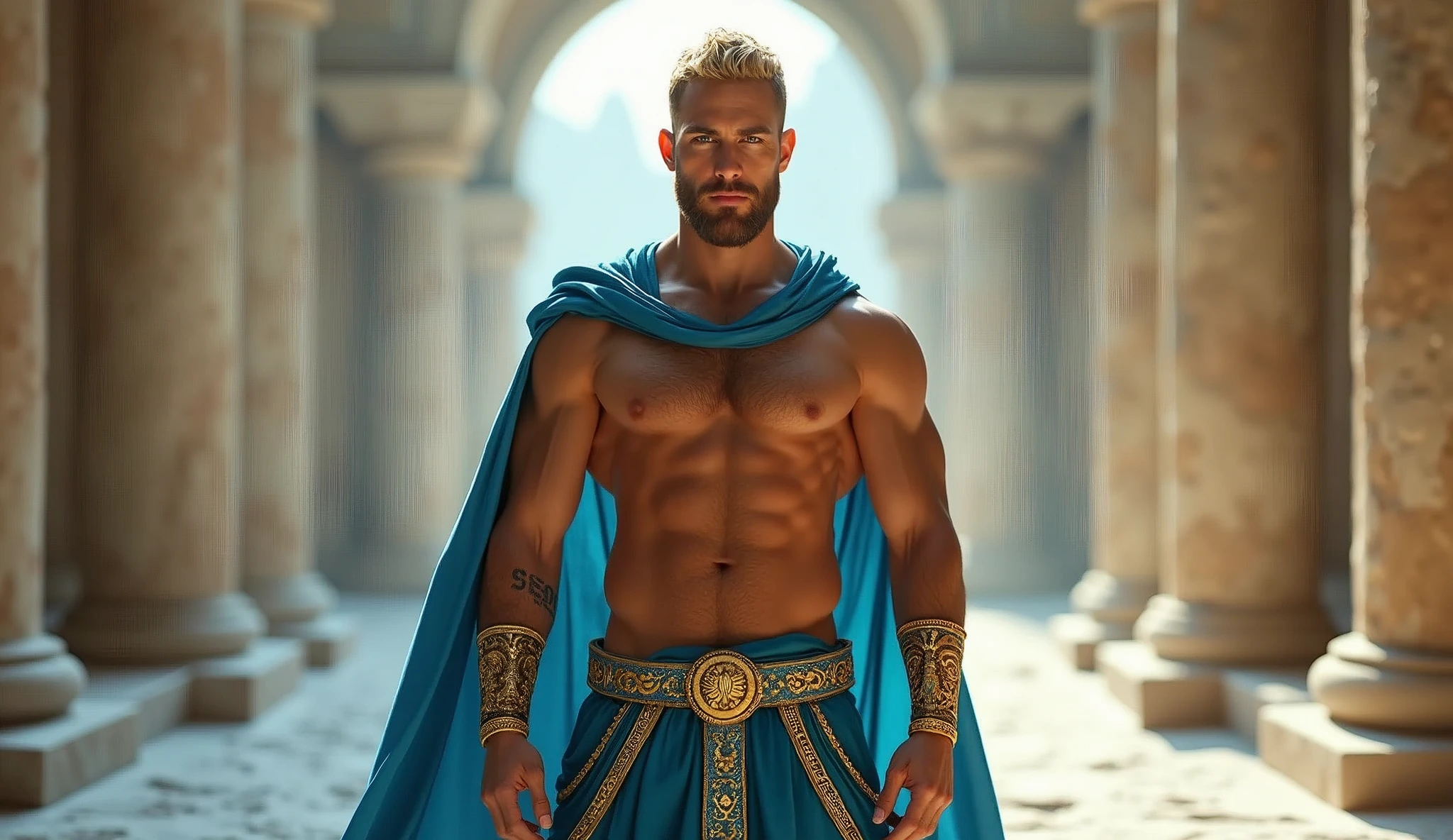 (man:1.5),1 man,male, muscle, 1 chico, muscle, pectoral, muscular, Mature man, 35 years,1 man,macho man,perfect body,an extremely delicate and beautiful detailed face,((by rubio,cute hairstyle,short by rubio)),(((blonde very short beard, blonde very short beard))), (((blue_eyes:1.3))),Intricate eyes,beautiful detailed eyes,symmetrical eyes,perfect face, cute hairstyle,perfect proportions, thick, ((detailed face)),macho man, (male Caucasian Prince),Prince, (((shiny skin:1.5,tanned skin,shiny skin: 1.5,tanned skin,shiny skin,very shiny skin,shiny body))),powerful,heroic,NSFW, Caucasian,elegant, (open to that, arabic fashion,Arab of that, Cowboys,White shirt, Masculine traits, modern style,Arabic clothing),(((blue toga, blue toga suit, wearing a blue toga:1.3,arab blue toga))),(arabic jewelry,Intricate necklace),((bulge in pants)),(((Intricate outfit,Intricate clothes,embellished suit))), (dynamic pose:1.0),ashamed,(centered,Scale to fit dimensions,rule of thirds), inside,interior,((room in a greek temple:1.3,columns of a greek temple:1.3)),scenery:1.25,((Intricate scenery)),((winter decorations)), (Bright winter decorations),High resolution,sharp focus,(ultra detailed,extremely detailed),(photorealistic artwork:1.37),(extremely detailed CG unity 8k wallpaper),(((vibrant colors,vibrant theme))),(Intricate),(masterpiece),(Best Quality),