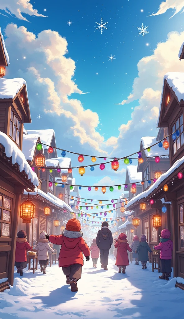 Envision a lively anime village during a winter festival, where snowflakes glisten under a sky filled with dramatic clouds. The vibrant sunlight creates a warm, inviting glow, enhancing the colorful decorations and joyful expressions of the characters, capturing the essence of celebration and community.
