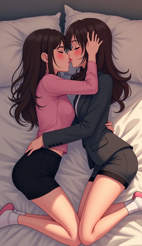 Two girls, yuri,(The first girl wear a pink shirt, black suit, black pencil skirt, black underpants, white socks), (The second girl wore a grey shirt, black suit, black pencil skirt, black underpants, white socks), french kiss, lesbian kiss, hugging, closed eyes, lying on bed, sensual body, bedroom, cartoon novel, 4K, HD