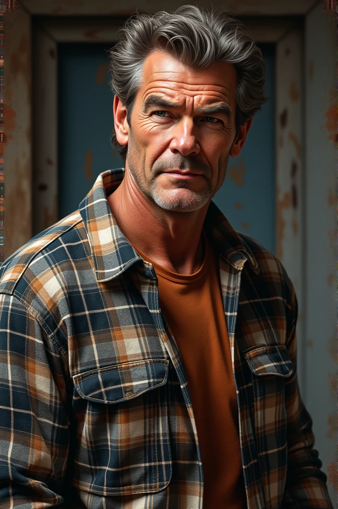 Pierce Brosnan with a flannel shirt.