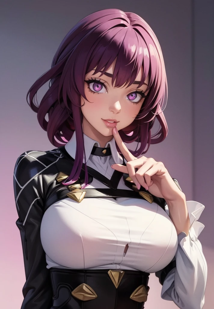 masterpiece, best quality, ultra detailed, watercolor and oil painting fusion, hot black artwork, white line art, beautiful woman, 1 woman, older woman kafka, beauty, perfect anatomy, perfect eyes, perfect fingers, perfect hands, anime girl, sexy uniform, thight, breast, purple hair, seductive smile, room background, with a finger in her mouth, soft, seductive, hot, spicy,