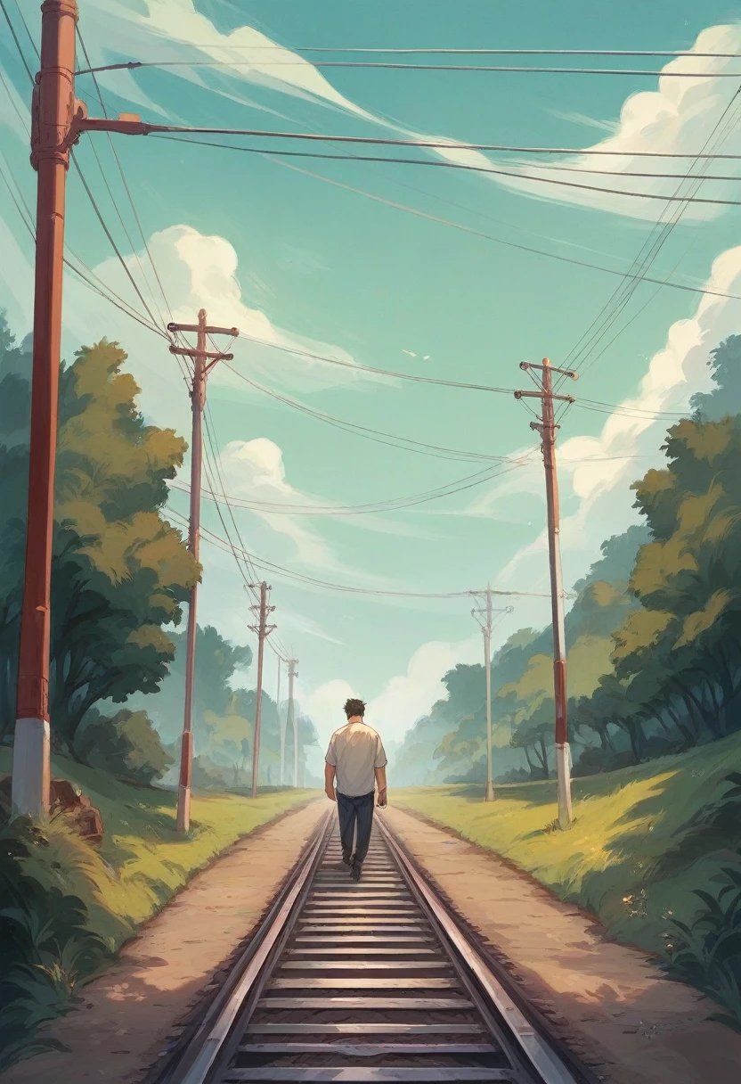 Sent by you:
generate an image of a father and son they are walking on a railroad they are back to back and holding each other&#39;s hands cinematic landscape in a sunset with trees and flowers realistic image sharp and good quality