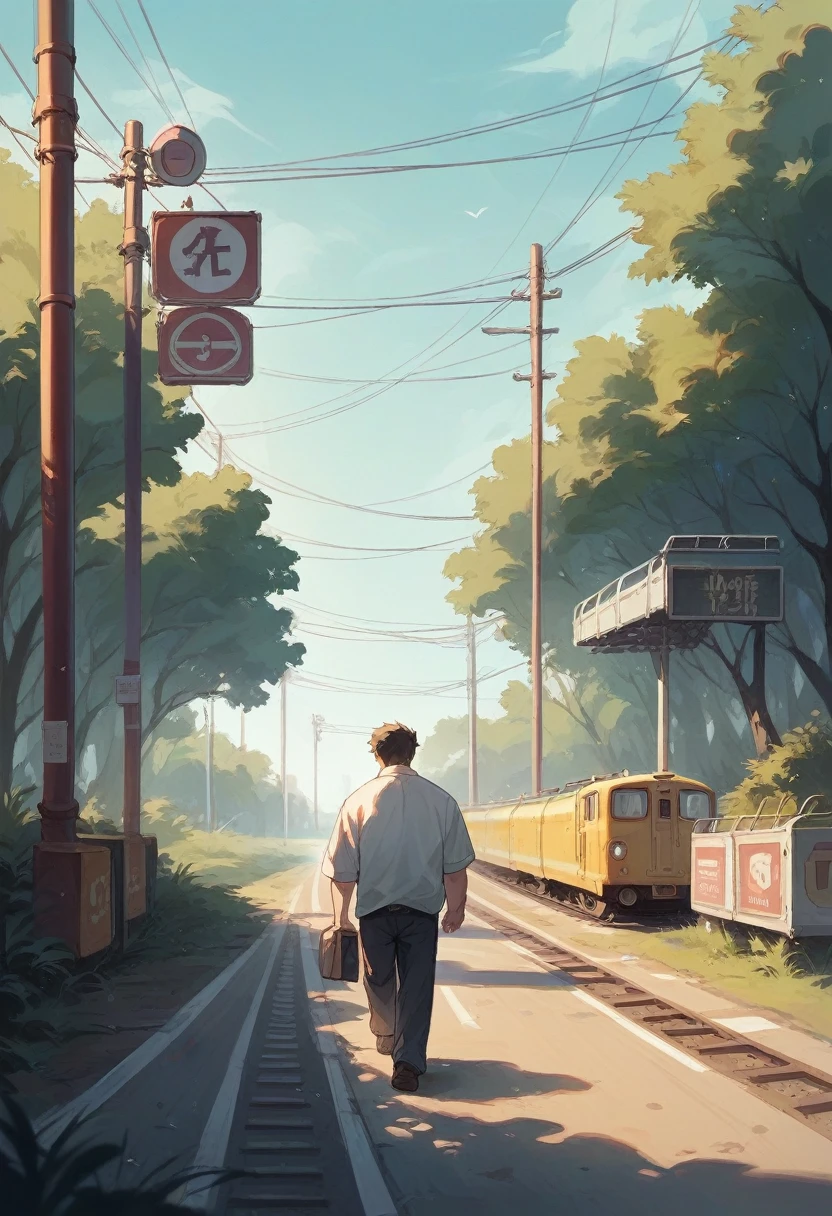 Sent by you:
generate an image of a father and son they are walking on a railroad they are back to back and holding each other's hands cinematic landscape in a sunset with trees and flowers realistic image sharp and good quality