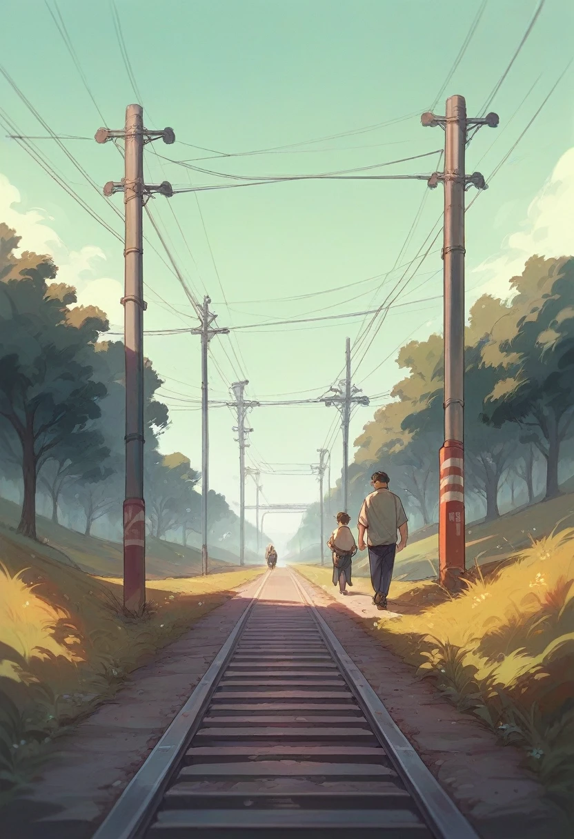 Sent by you:
generate an image of a father and son they are walking on a railroad they are back to back and holding each other&#39;s hands cinematic landscape in a sunset with trees and flowers realistic image sharp and good quality
