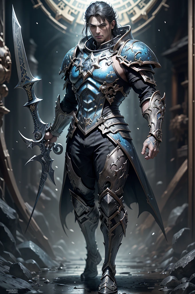 Boys in 8K resolution(full body esbian:1.3)shot、splash art、Great cartoon style、A realistic and young male figure、Anatomically realistic digital painting(to show:1.3)Portrait of a young man(to show:1.3)blue and white complex(Heavily armed:1.3)And white short hair(A dark and moody universe:1.3)、black clothes,light particles、highly detailed skin、Demon Slayer、very detailed eyes、 (Elden Ring Style:1.1)、(warhammer style:1.3)、Concept Artist、World Lighting、depth of field、splash art、Works of art:art manure、Greg Rutkowski(Greg Rutkowsky)、Victoria Gavrilenko,He has a very big sword.