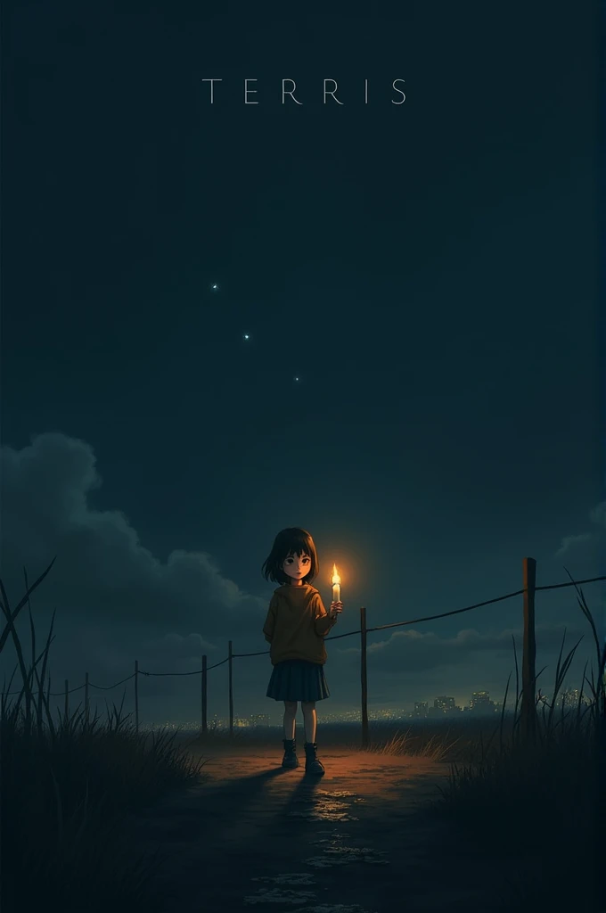 Full of darkness and one candle hold by one girl and she walking on the Terris and see whole city lights