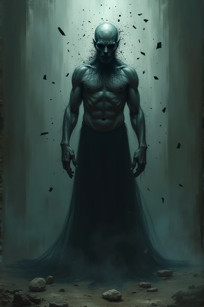 Egoic (The Demon of Self-Criticism)Appearance: Egoic może przybierać formę osoby z przerośniętym, a deformed mirror instead of a face. The body is tense, with clear signs of tension and stress. There may be pieces of mirror glass floating around the character., symbolizujące fragmentaryczne i destrukcyjne myśli krytyczne. Dark, distorted shadows envelop her body, which reflects excessive self-criticism and shame.
