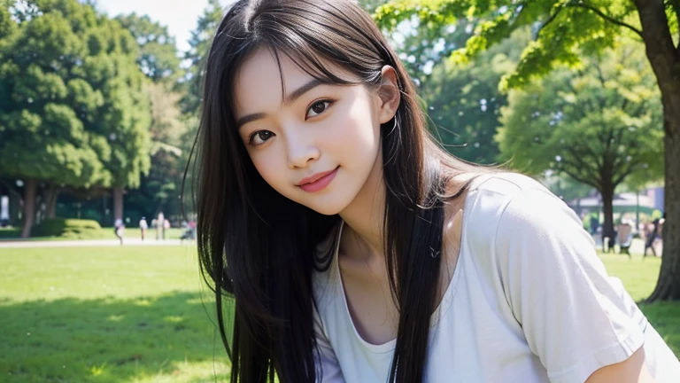 highest quality, masterpiece, ultra-high resolution, (realistic:1.4), Raw photo, 23 year old girl, ((leaning forward):1.3), ((from the front)), (white t-shirt:1.2), (Very cute face like the most popular Japanese idol, ((very beautiful big black eyes)), very beautiful hair, (long hair)、very beautiful skin, very beautiful long eyelashes, very beautiful lips, very beautiful cleavage, innocent smile, dynamic pose, Well-balanced body size, onepeace, in the park, smile
