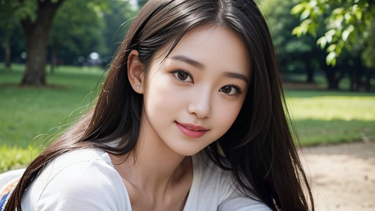 highest quality, masterpiece, ultra-high resolution, (realistic:1.4), Raw photo, 23 year old girl, ((leaning forward):1.3), ((from the front)), (white t-shirt:1.2), (Very cute face like the most popular Japanese idol, ((very beautiful big black eyes)), very beautiful hair, (long hair)、very beautiful skin, very beautiful long eyelashes, very beautiful lips, very beautiful cleavage, innocent smile, dynamic pose, Well-balanced body size, onepeace, in the park, smile