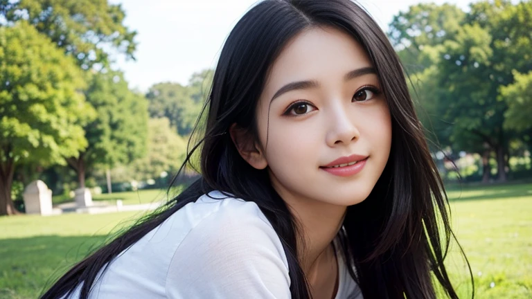highest quality, masterpiece, ultra-high resolution, (realistic:1.4), Raw photo, 23 year old girl, ((leaning forward):1.3), ((from the front)), (white t-shirt:1.2), (Very cute face like the most popular Japanese idol, ((very beautiful big black eyes)), very beautiful hair, (long hair)、very beautiful skin, very beautiful long eyelashes, very beautiful lips, very beautiful cleavage, innocent smile, dynamic pose, Well-balanced body size, onepeace, in the park, smile