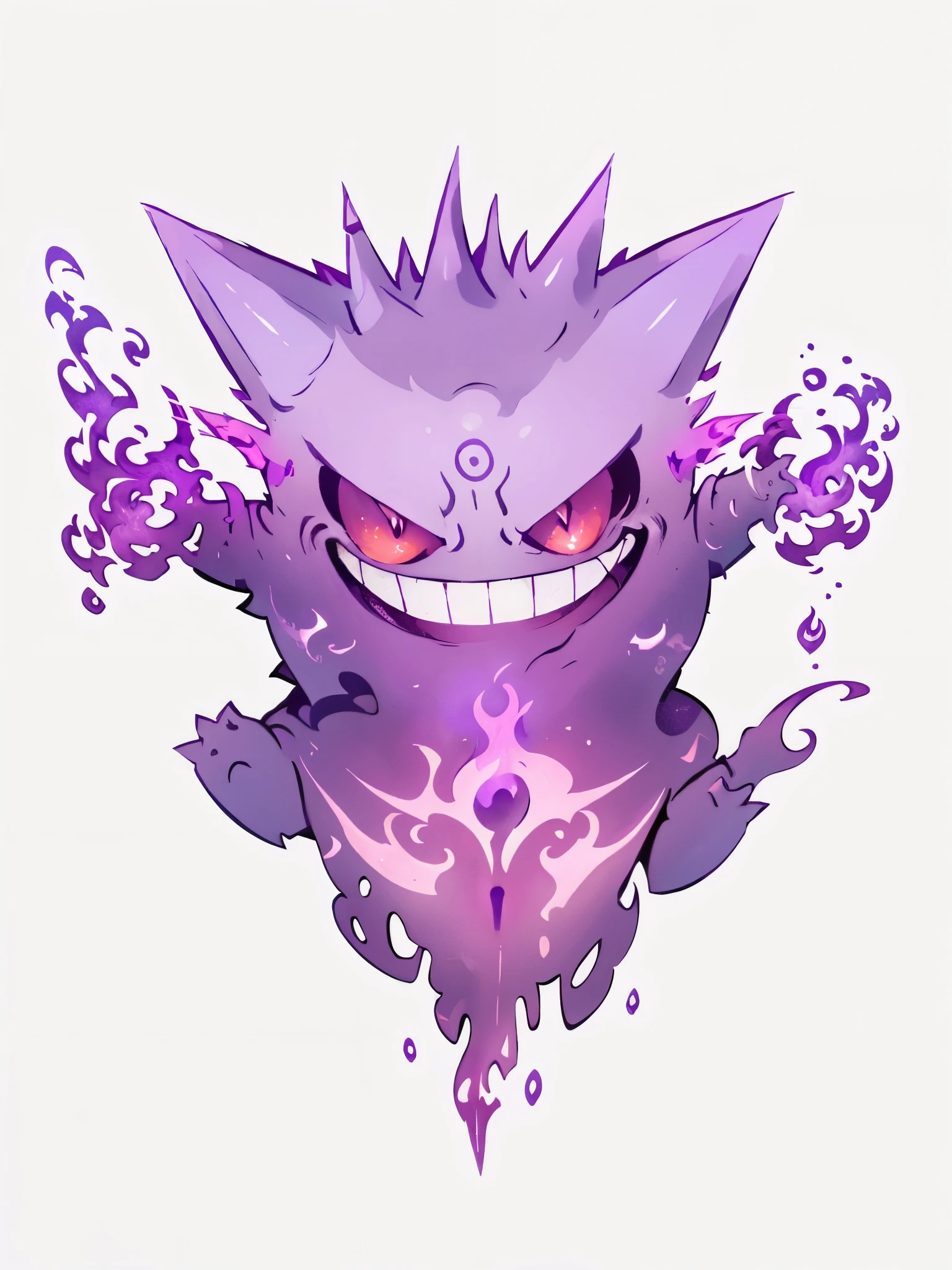 purple and white graphic of a demon with flames on it, gengar, grimace, blazing infero, evil aura, evil expression, grinning sinisterly, cacodemon, is evil gremlin, ghastly, violet spike smoke, mad grin, menacing aura, low purple flame, !!! very coherent!!! vector art, evil grin, enraged, gengar, no humans,