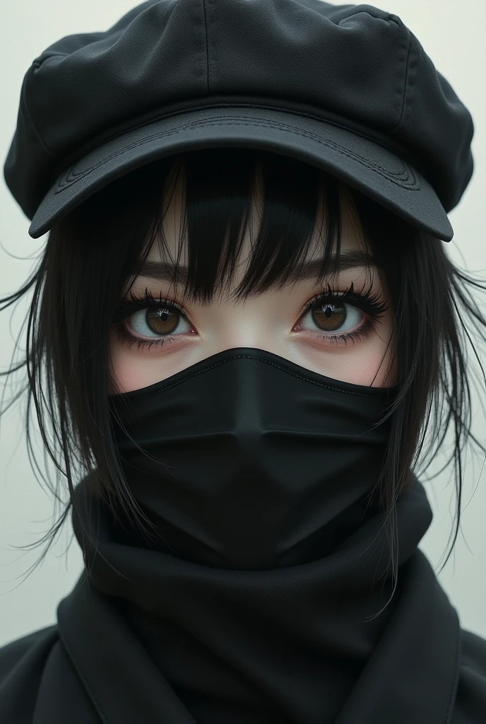 Japanese woman with large eyeliner and a cap and mask covering her face