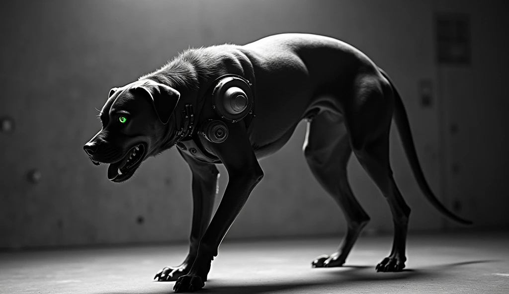 (Black and white:1.5) retro-futuristic photo of a bio-mechanical Rottweiler, half biological, half high-tech implants, metallic spine and glowing eye, poised for attack, full body, stark laboratory setting, (dramatic chiaroscuro lighting:1.4), low angle shot, (ultra-high contrast:1.3), (film grain:1.2), style of (H.R. Giger:1.4) and (Ridley Scott:1.3)