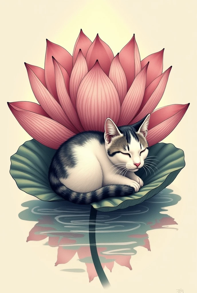Tattoo of a cat in the middle of a lotus flower