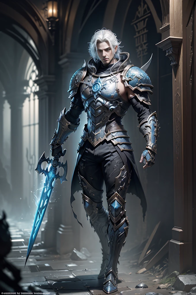 Boys in 8K resolution(full body esbian:1.3)shot、splash art、Great cartoon style、A realistic and young male figure、Anatomically realistic digital painting(to show:1.3)Portrait of a young man(to show:1.3)blue and white complex(Heavily armed:1.3)And white short hair(A dark and moody universe:1.3)、black clothes,light particles、highly detailed skin、Demon Slayer、very detailed eyes、 (Elden Ring Style:1.1)、(warhammer style:1.3)、Concept Artist、World Lighting、depth of field、splash art、Works of art:art manure、Greg Rutkowski(Greg Rutkowsky)、Victoria Gavrilenko,He has a very big sword.