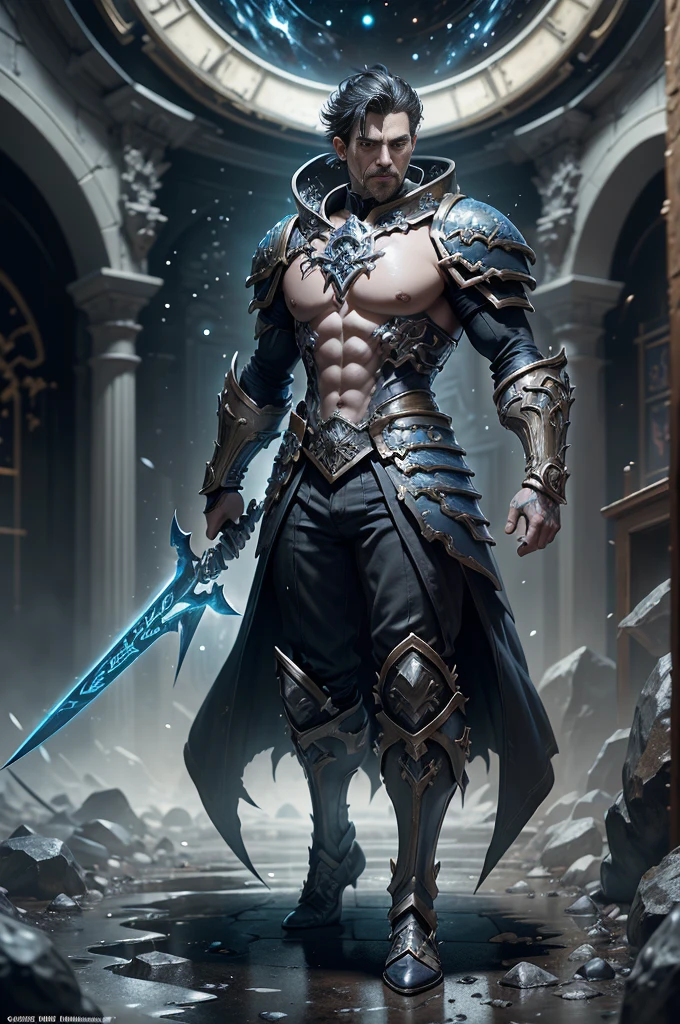 Boys in 8K resolution(full body esbian:1.3)shot、splash art、Great cartoon style、A realistic and young male figure、Anatomically realistic digital painting(to show:1.3)Portrait of a young man(to show:1.3)blue and white complex(Heavily armed:1.3)And white short hair(A dark and moody universe:1.3)、black clothes,light particles、highly detailed skin、Demon Slayer、very detailed eyes、 (Elden Ring Style:1.1)、(warhammer style:1.3)、Concept Artist、World Lighting、depth of field、splash art、Works of art:art manure、Greg Rutkowski(Greg Rutkowsky)、Victoria Gavrilenko,He has a very big sword.