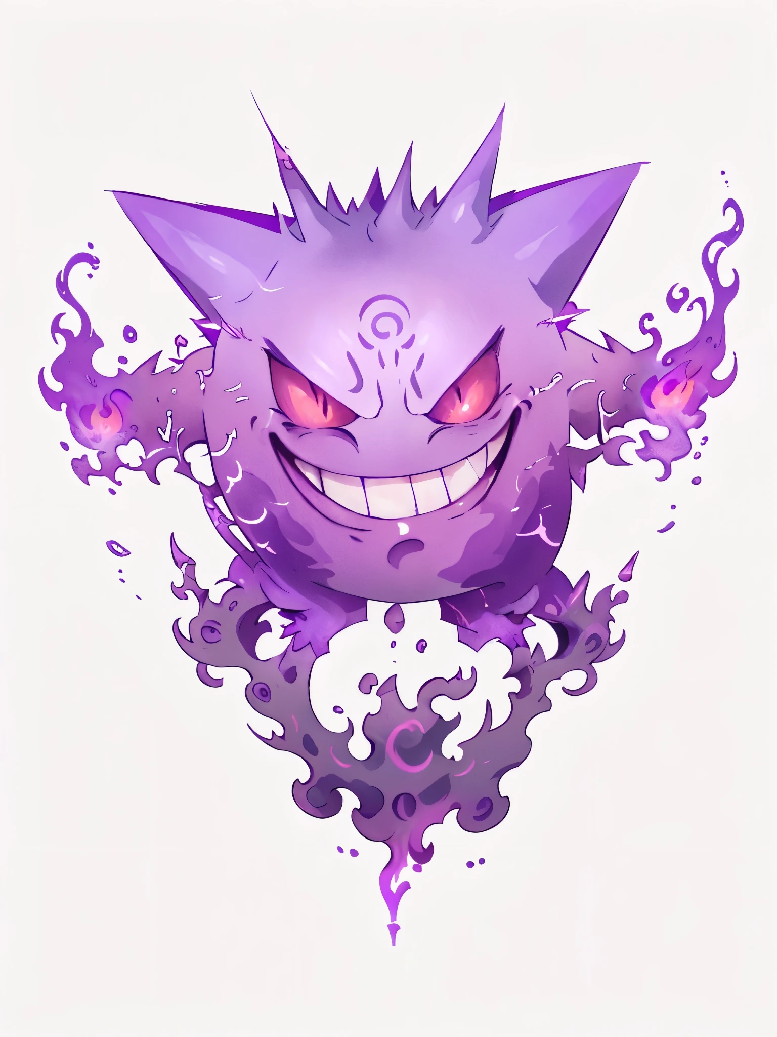 purple and white graphic of a demon with flames on it, gengar, grimace, blazing infero, evil aura, evil expression, grinning sinisterly, cacodemon, is evil gremlin, ghastly, violet spike smoke, mad grin, menacing aura, low purple flame, !!! very coherent!!! vector art, evil grin, enraged, gengar, no humans,