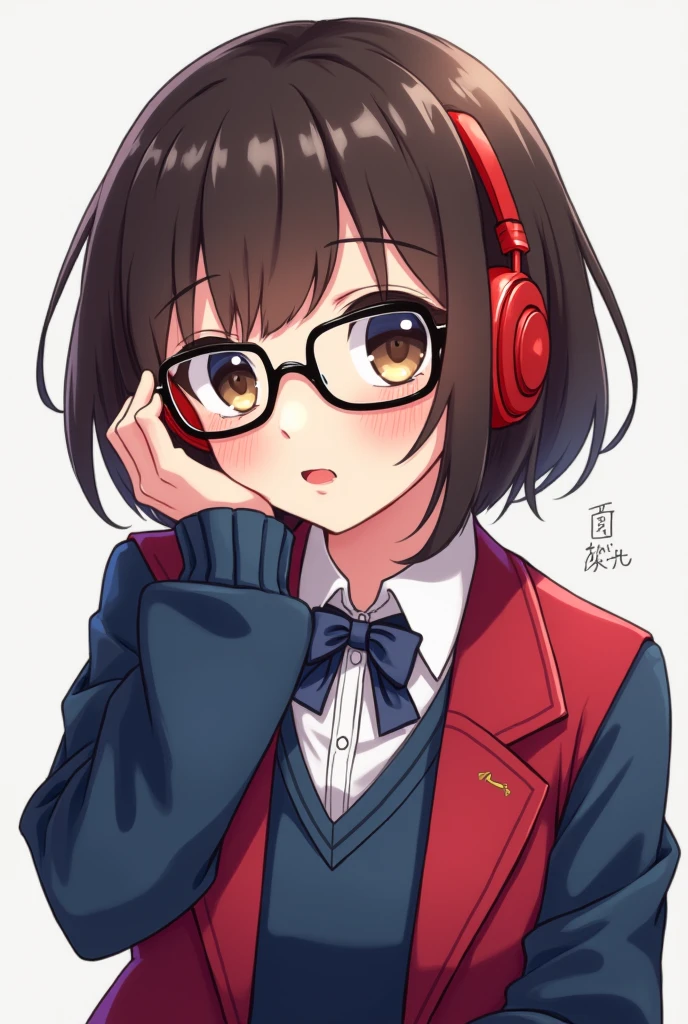 Anime girl with short dark brown hair, with dark brown eyes, black colored glasses, in a blue school uniform and a red jacket with navy blue sleeves and red headphones