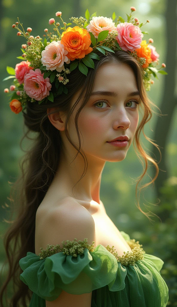 there is a woman dressed in a green dress with a crown of flowers on her head, beautiful young girl, fairy queen of the summer forest, beautiful young girl fantasy, beautiful elven princess, elven princess, beautiful fantasy portrait, Pre-Raphaelite style, portrait of an elven queen, medieval princess, she has a crown of flowers, elven princess, Pre-Raphaelite style