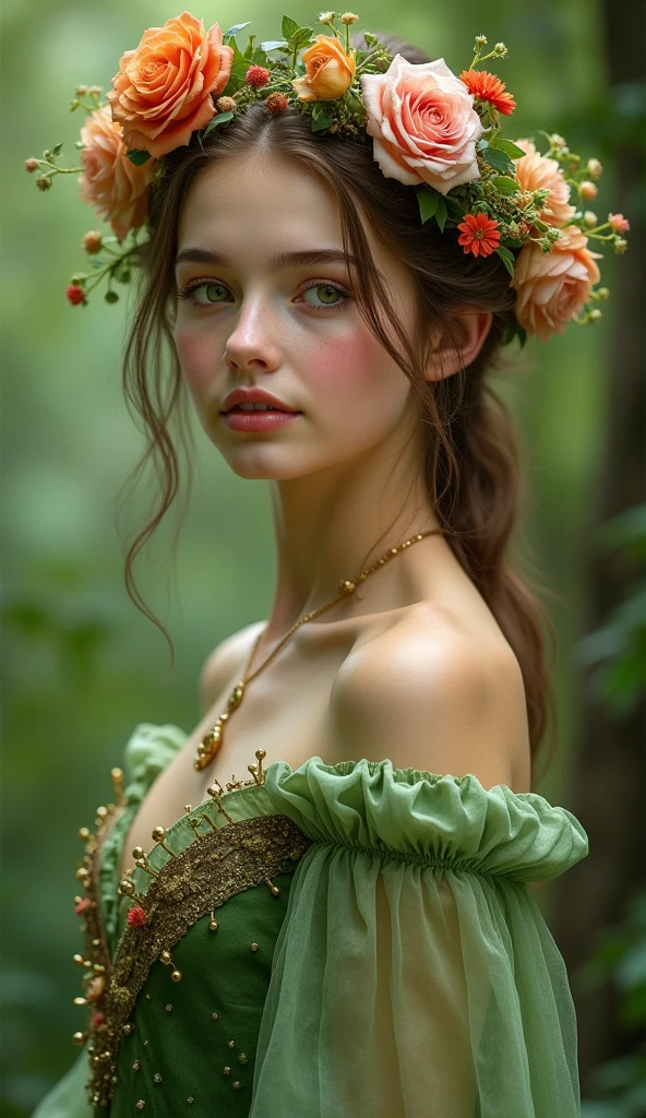 there is a woman dressed in a green dress with a crown of flowers on her head, beautiful young girl, fairy queen of the summer forest, beautiful young girl fantasy, beautiful elven princess, elven princess, beautiful fantasy portrait, Pre-Raphaelite style, portrait of an elven queen, medieval princess, she has a crown of flowers, elven princess, Pre-Raphaelite style
