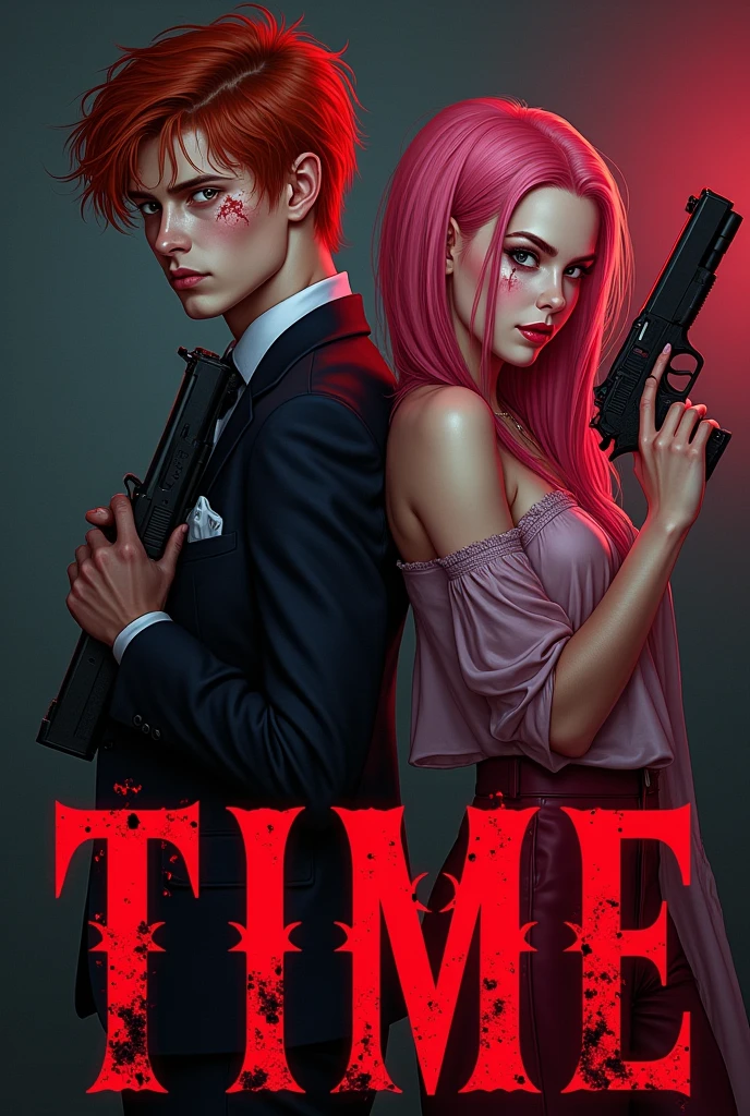A cover for wattpad,Let it be inspired by a half-shady circus with a guy who looks like Cameron Monaghan and a pretty girl.,that they look like psychopaths and that there is blood,that have weapons,the girl with a bright pink gun,The story is called time, could you put the title with cool red and black letters?,and the cover doesn't say wattpad,that the boy looked like Jerome Valeska and the girl like Harley Queen but pink,who are between 15 and 17 years old,que el arma del chico sea negra y that the boy is red como jerome valeska, that is as similar to him as possible,that the girl wears pink and with a slightly shorter roma,that the boy is red,and that they both have clothes inspired by the circus but cool