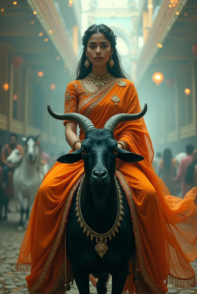 A woman is riding a black goat and wearing a full saree and full blouse, solemn and fully dressed up, cover photo is a fair in heaven.