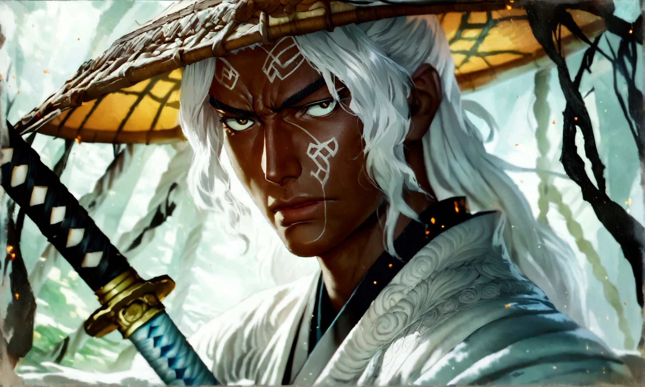 Man, dark skin, long whitish hair, white kimono with black details, katana at waist, serious expression, "Anime design inspired by the world of One Piece, stunning lighting, stunning focus, stunning face, creative details, ultra-fine 2D design, creative scenery, boasting anime resolution clarity, amazing anime resolution, high-octane rendering"