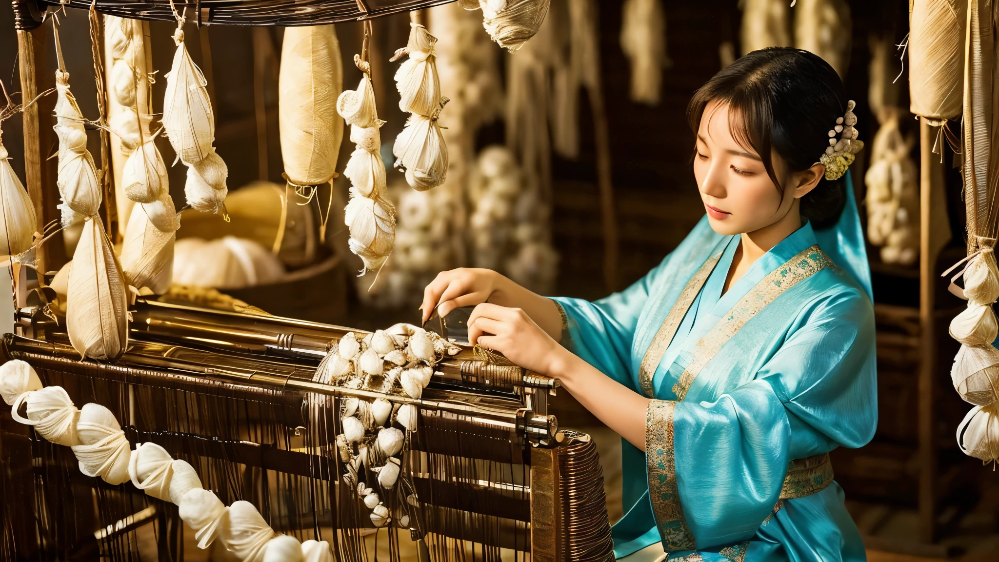 [A Chinese weaver woman at an ancient loom], working on a piece of shiny silk. The environment should include details such as (((silkworm cocoons, wire reels, and luxurious silk pieces))) at various stages of production, with soft lighting that highlights the delicate texture of the silk.