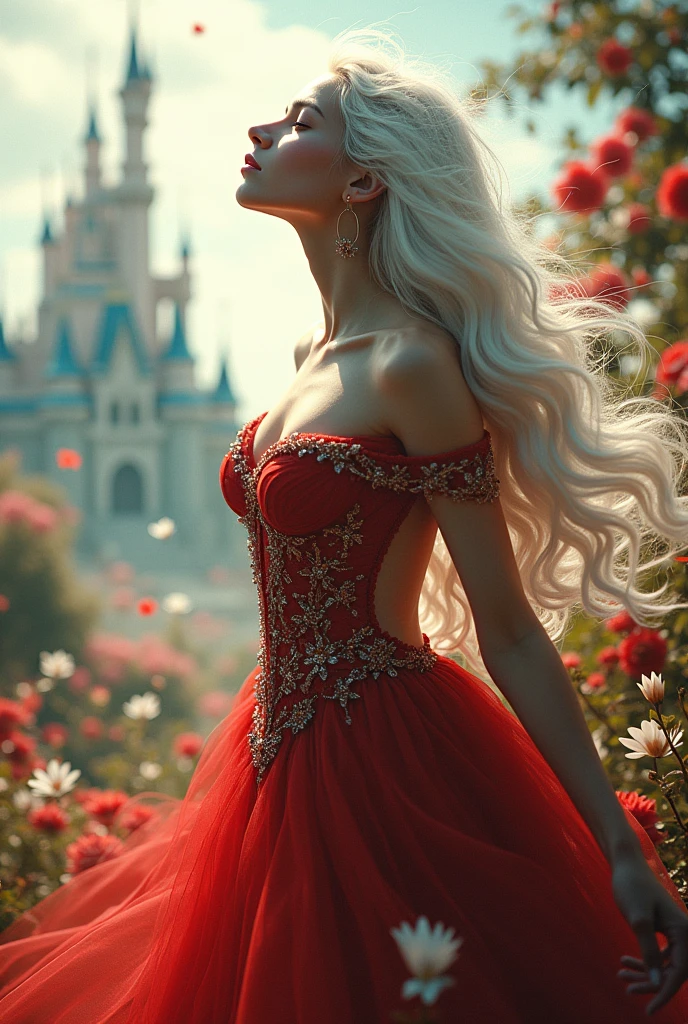 (8k, of the highest quality, masterpiece),(realist, RAW Photos, Super fine clear), realist Light, detailed skin, beautiful woman, ((25 year old woman, Princess:1.5)), thin legs, fine wheat, long white hair, Detailed fingers, Erotic, sexual, expressions of ecstasy, huge bouncing busts, (A crimson dress of intricate construction.), , (Shangri-la, flores, flores, birds, wind and moon, Storm of flowers), Cinderella Castle, double exposure, silhouette