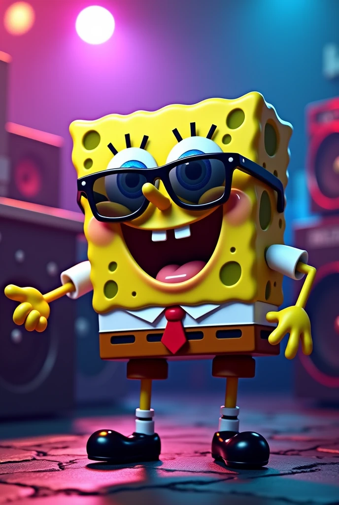 Spongebob Squarepants partying in the club to loud music, He wears sunglasses, ultra quality, Very detailed
