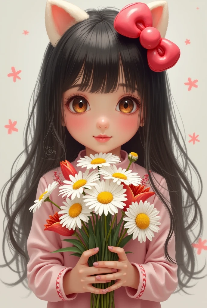 Hello Kitty girl with long straight shoulder length black hair, with brown eyes and long eyelashes, holding a bouquet of daisies and tulips
