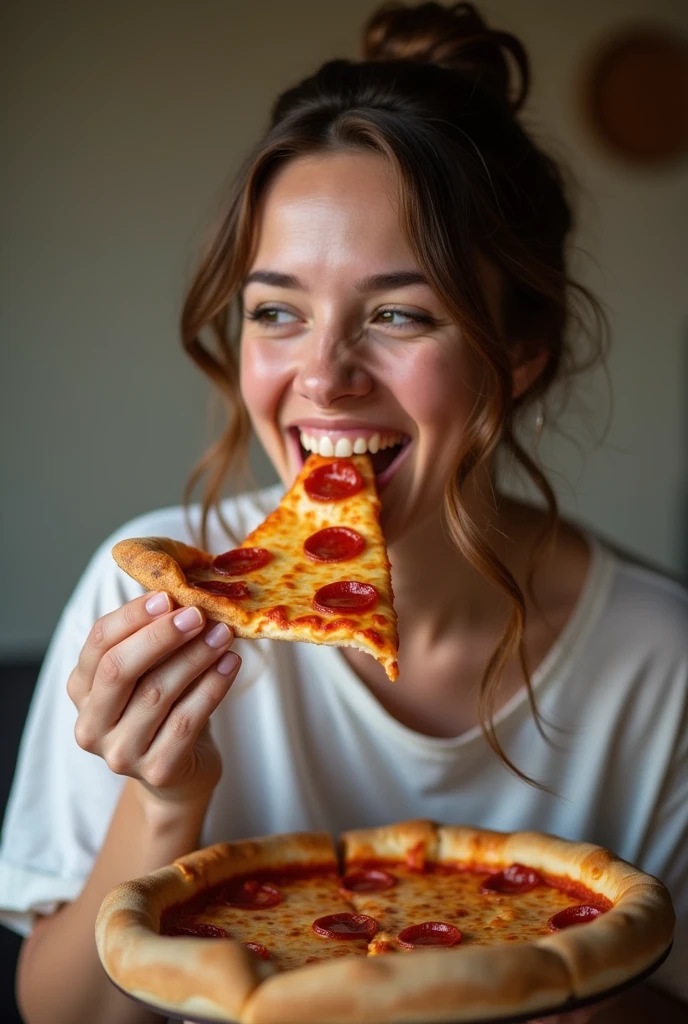 create a PHOTO of a happy woman eating a slice of pizza, written the following sentence ( DOM FERREIRA ), in shirt
