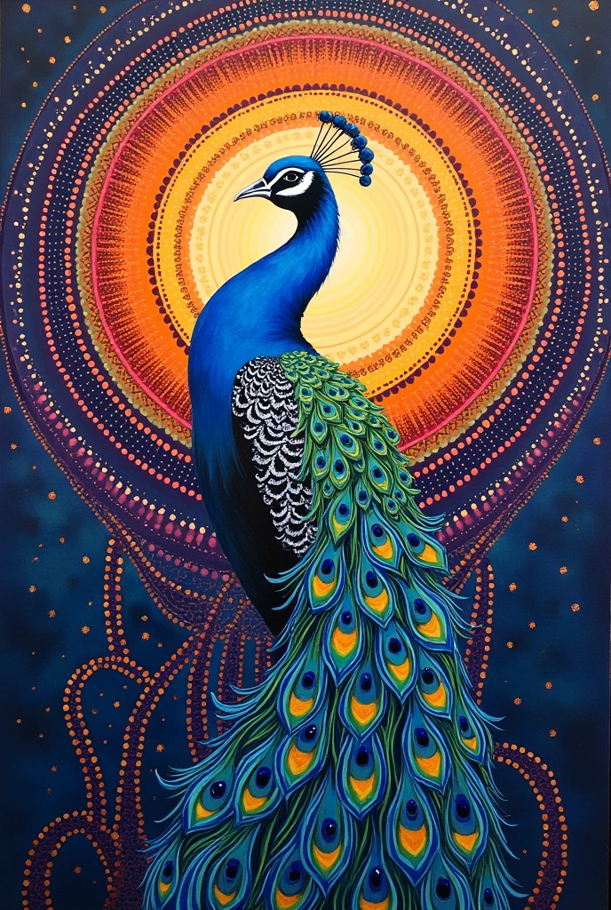 Colourfull mandala art style dotted peacock painting with colour combination