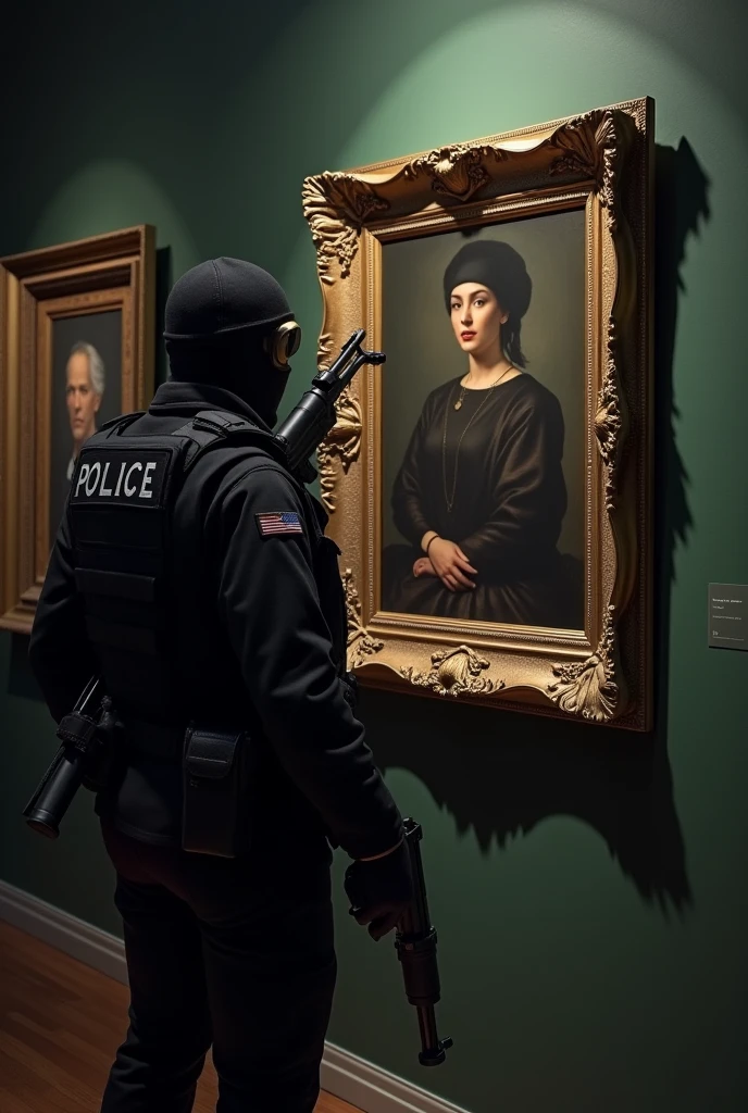 A room, there is an expensive and ancient painting frame, There is a thief wearing a black police vest who is looking at the painting, the atmosphere is dark and tense, add weapons in his hands black police military clothing