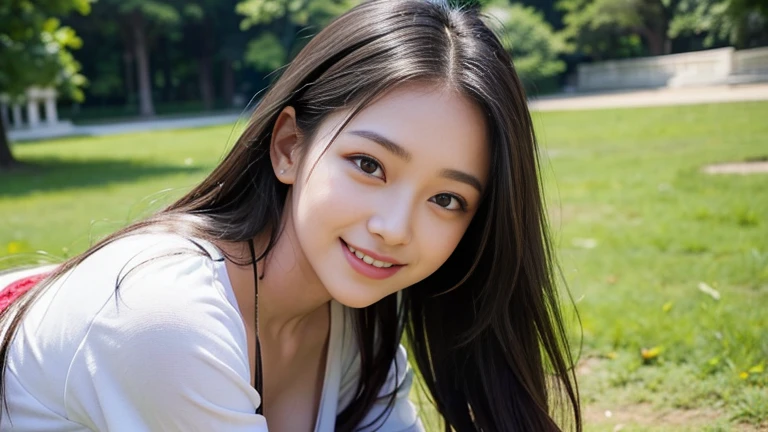 highest quality, masterpiece, ultra-high resolution, (realistic:1.4), Raw photo, 23 year old girl, ((leaning forward):1.3), ((from the front)), (white t-shirt:1.2), (Very cute face like the most popular Japanese idol, ((very beautiful big black eyes)), very beautiful hair, (long hair)、very beautiful skin, very beautiful long eyelashes, very beautiful lips, very beautiful cleavage, innocent smile, dynamic pose, Well-balanced body size, onepeace, in the park, smile