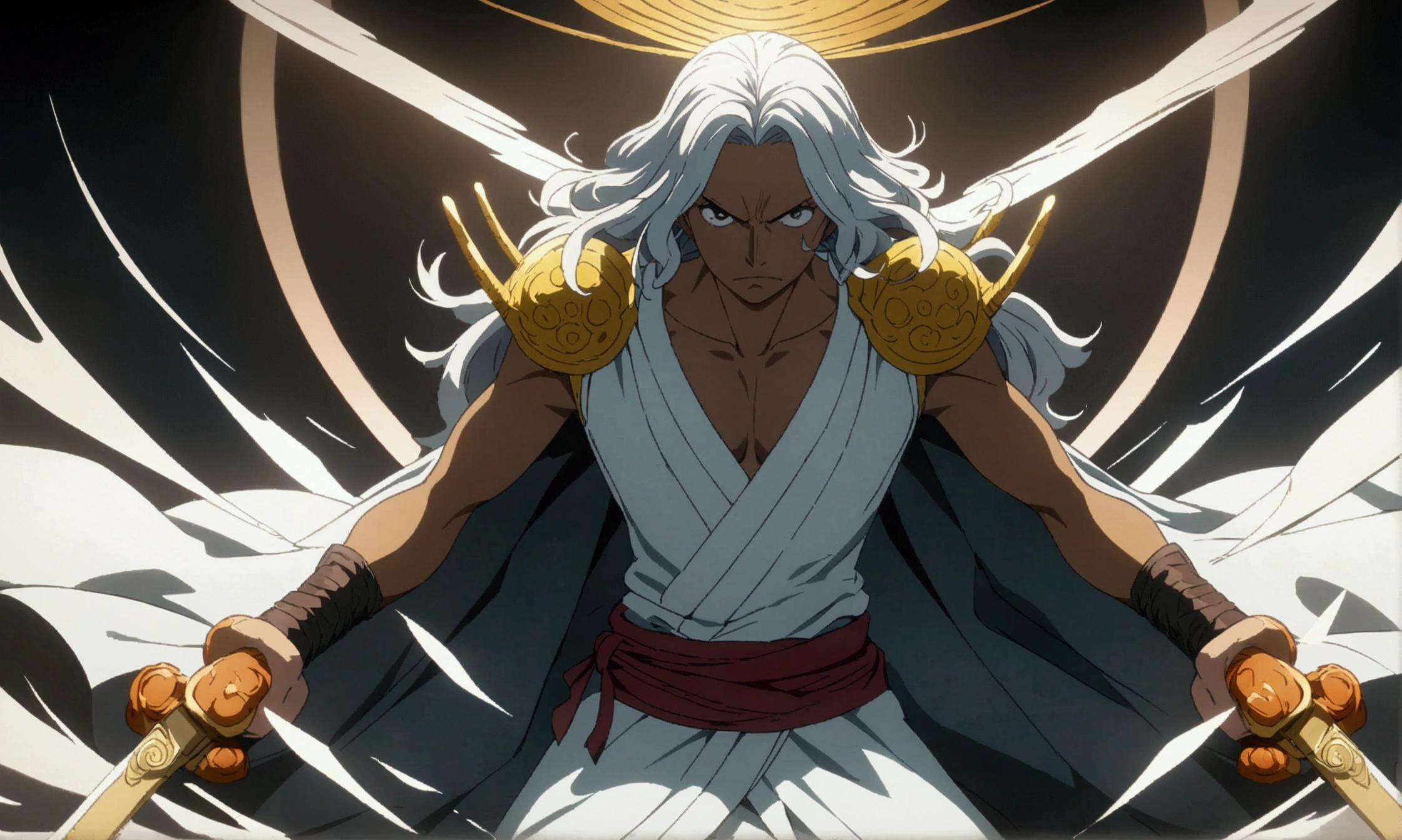 Man, dark skin, long whitish hair, white kimono with black details, katana at waist, serious expression, "Anime design inspired by the world of One Piece, stunning lighting, stunning focus, stunning face, creative details, ultra-fine 2D design, creative scenery, boasting anime resolution clarity, HD anime graphics high-octane rendering"