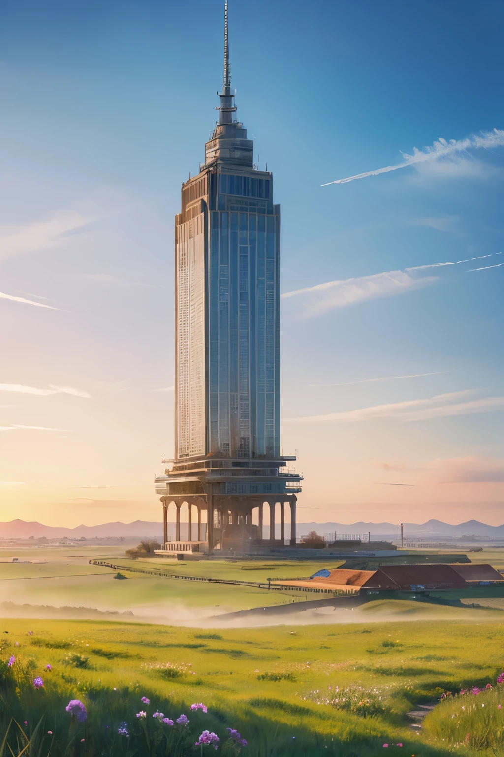 best quality, masterpiece, Highly detailed and high-resolution, (realistic: 1.4), watercolor style, illustration, Dazzling background color, Plains seen from the tower