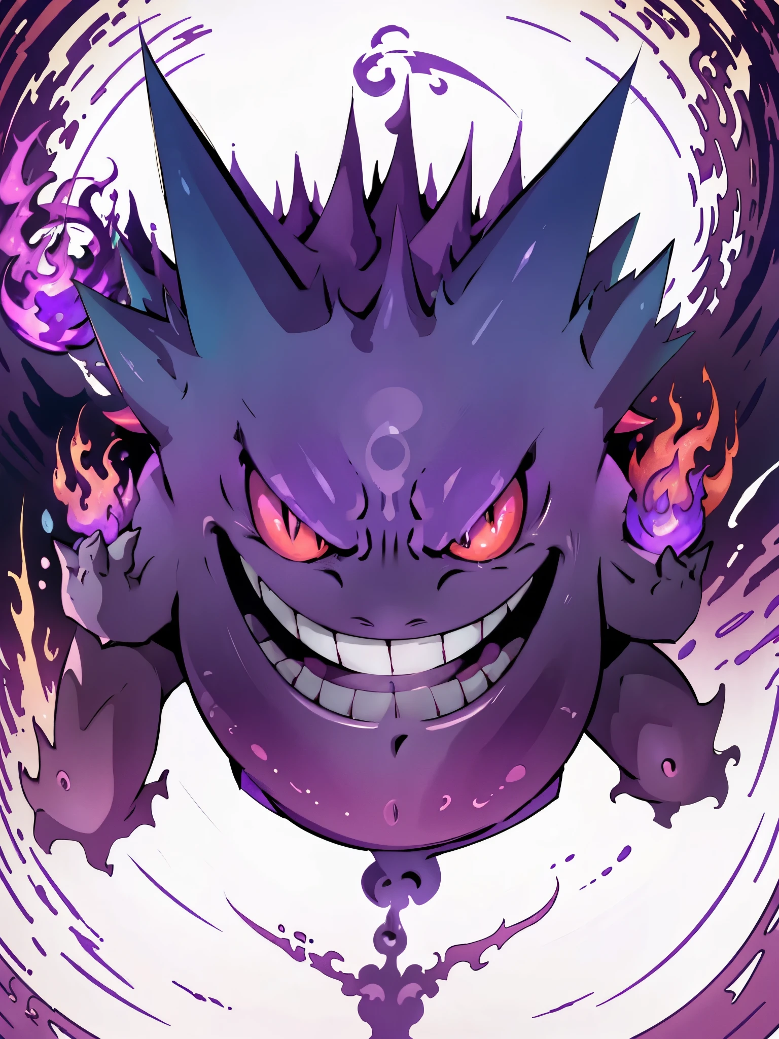 purple and white graphic of a demon with flames on it, gengar, grimace, blazing infero, evil aura, evil expression, grinning sinisterly, cacodemon, is evil gremlin, ghastly, violet spike smoke, mad grin, menacing aura, low purple flame, !!! very coherent!!! vector art, evil grin, enraged, gengar, no humans,